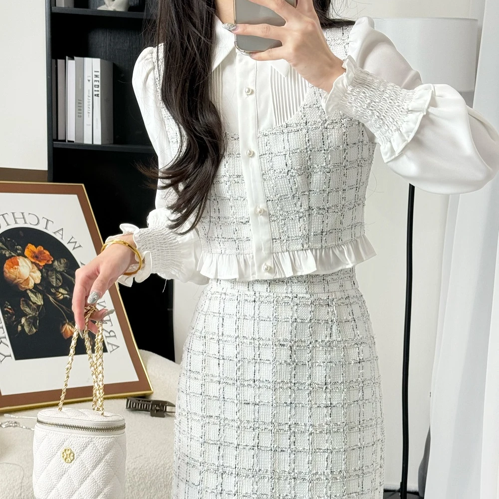 拉夏贝尔/25现货秋新蕾丝小香风长袖白色上衣+半身裙 1030 LSC