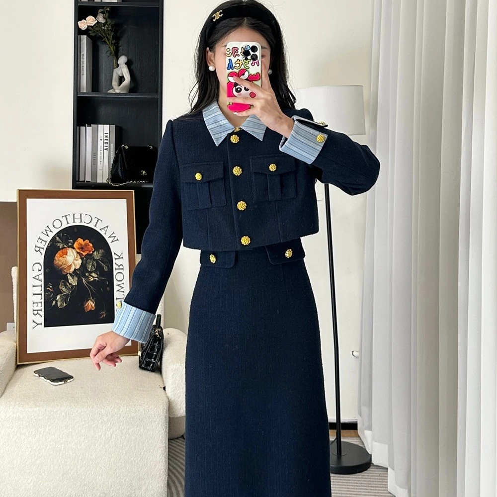 拉夏贝尔/25现货冬新气质小香风白鸭绒名媛加厚套装 06057 LHD