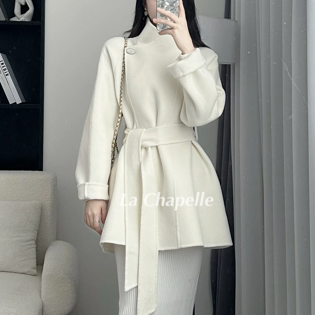 拉夏贝尔/25现货秋新保暖优雅立领显瘦双面羊毛大衣毛呢 7543 LHD