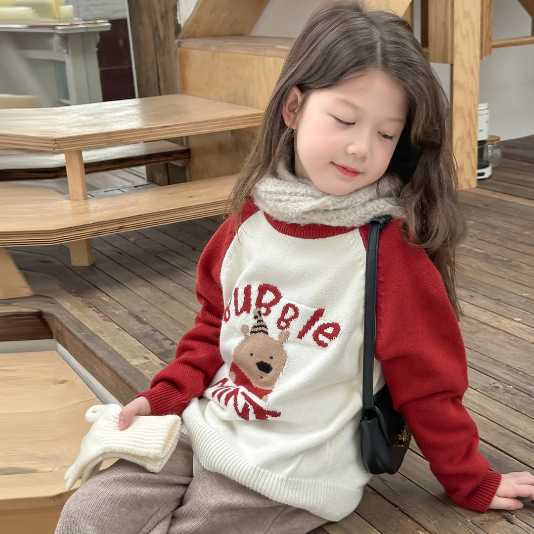 韩版童装针织衫2022秋冬季新品卡通小熊插肩袖女童新年红色毛衣
