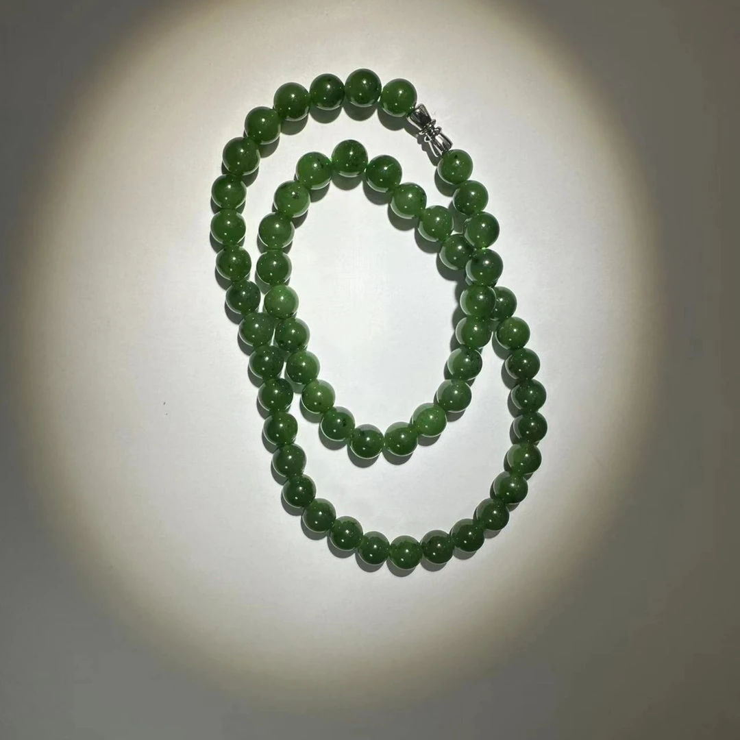 和田碧玉大气圆珠项链女款长链颈饰轻奢菠菜绿时尚链子妈妈锁骨链