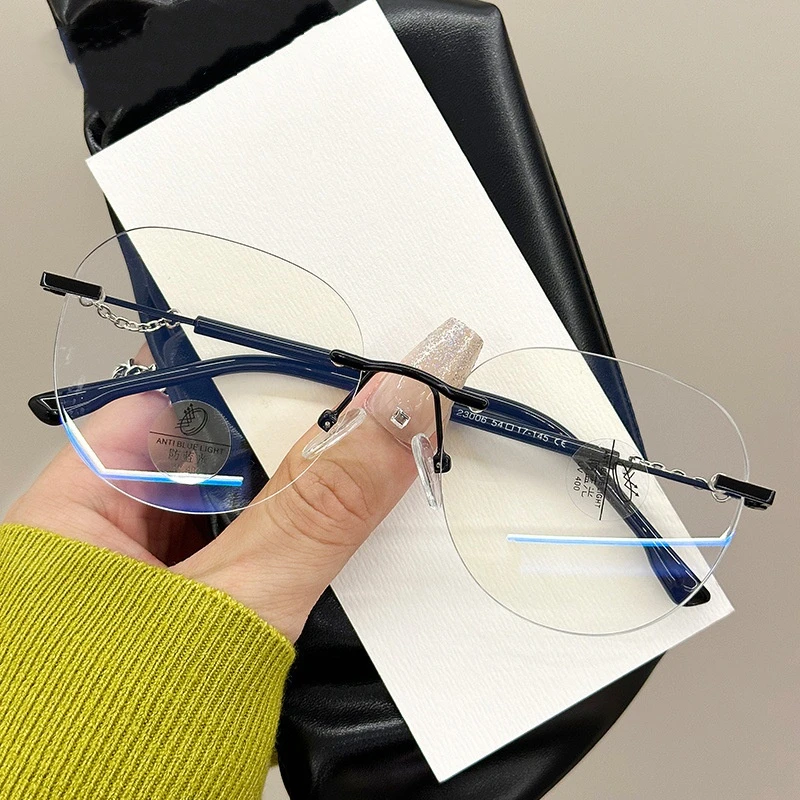 无框切边框架眼镜新款韩版纯欲风防蓝光平光镜时尚链条近视眼镜架