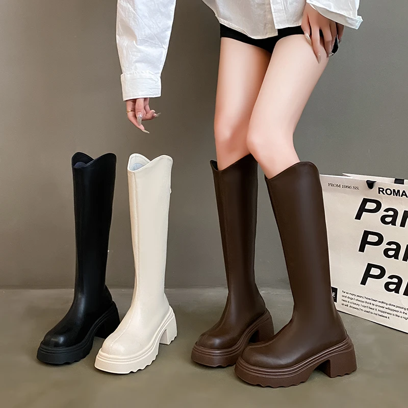 永希厚底高筒靴2025秋冬小个子时尚百搭粗跟英伦风骑士长筒瘦瘦靴