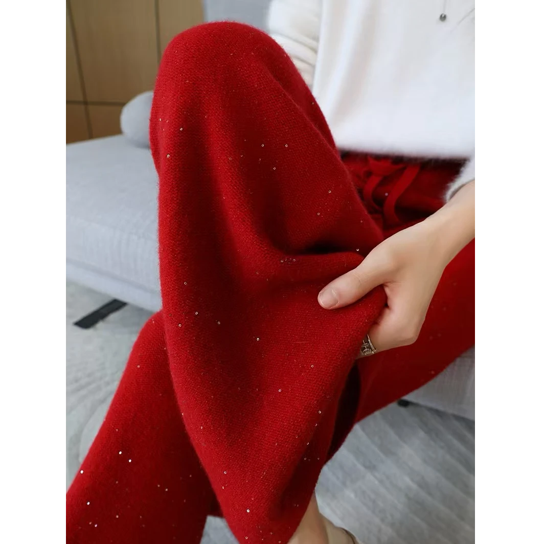 时尚珠片女士羊毛针织阔腿裤休闲长裤气质百搭裤子