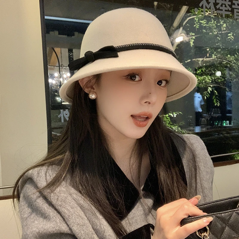 法式小香风蝴蝶结羊毛礼帽女秋冬宽檐显脸小富家千金毛呢渔夫帽