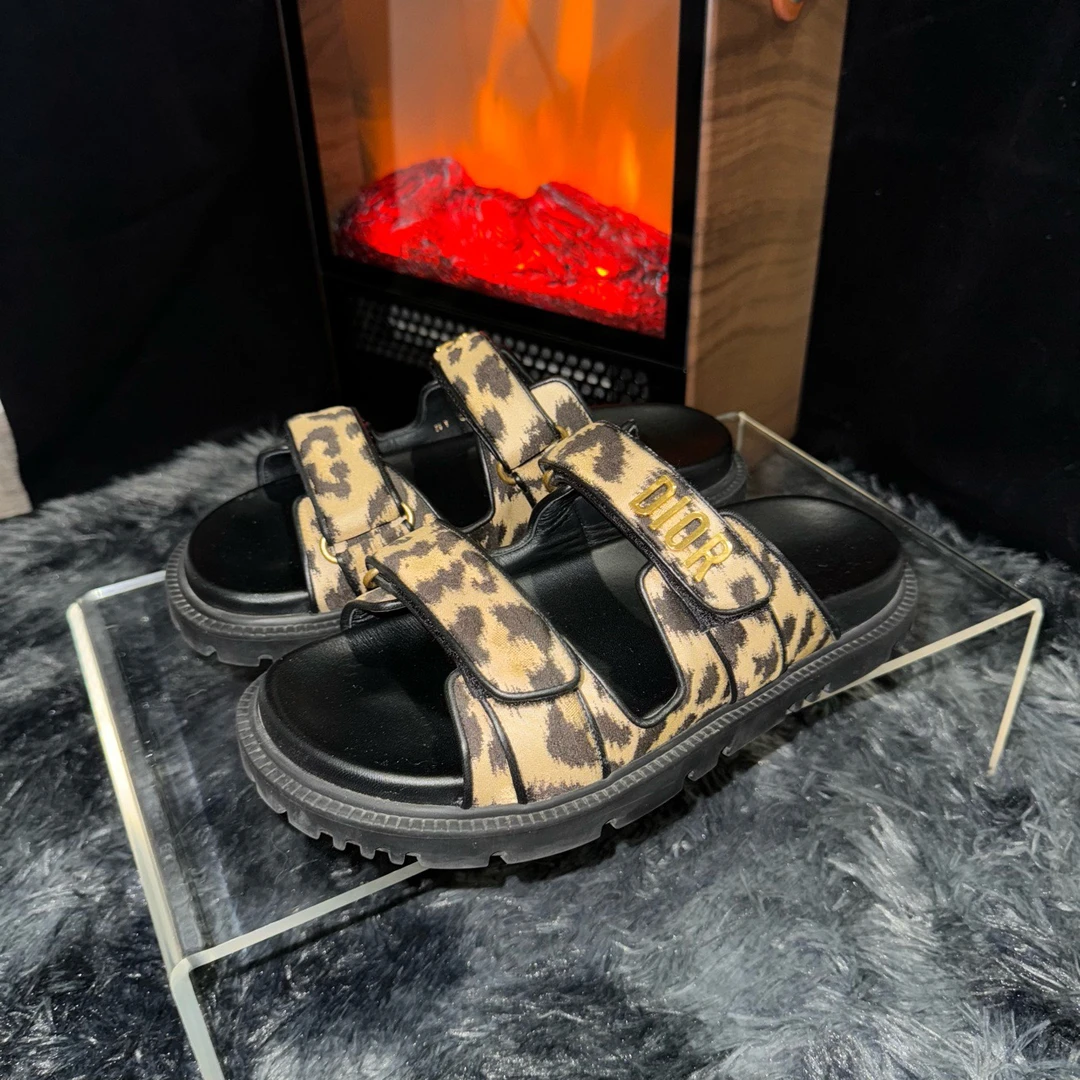 37.5码/Dior 迪奥/豹纹金标logo绑带拖鞋/98新/ZN00162