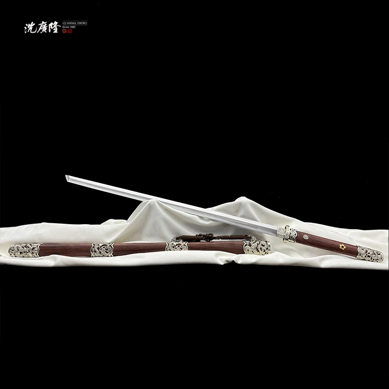 龙泉沈广隆-龙威唐刀 血檀木白铜 三枚合夹钢 花纹钢  未开刃