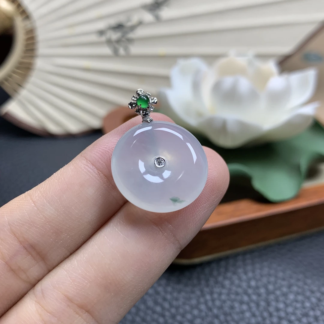 炯炯翡翠 缅甸天然A货翡翠 18K金镶嵌冰胶飘花平安扣吊坠气质