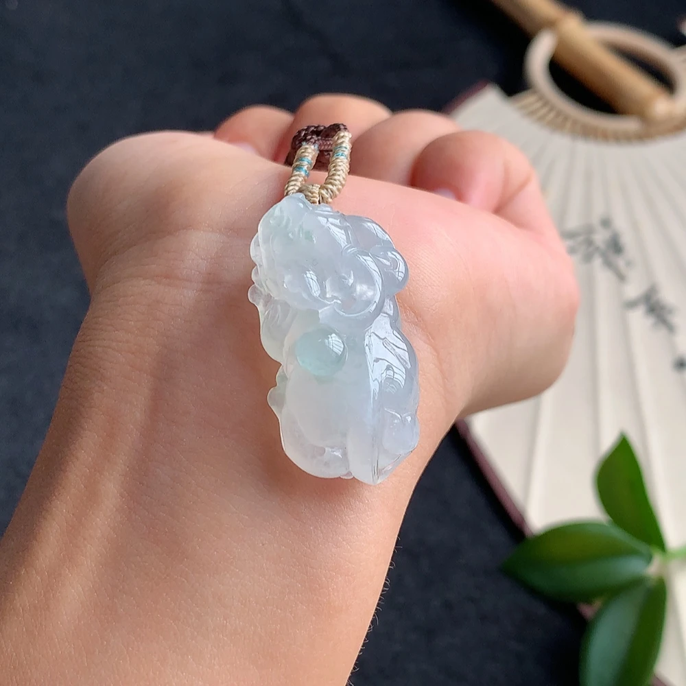 炯炯翡翠 冰胶飘花貔貅吊坠缅甸天然A货翡翠尺寸32.3-16.1-11.7mm