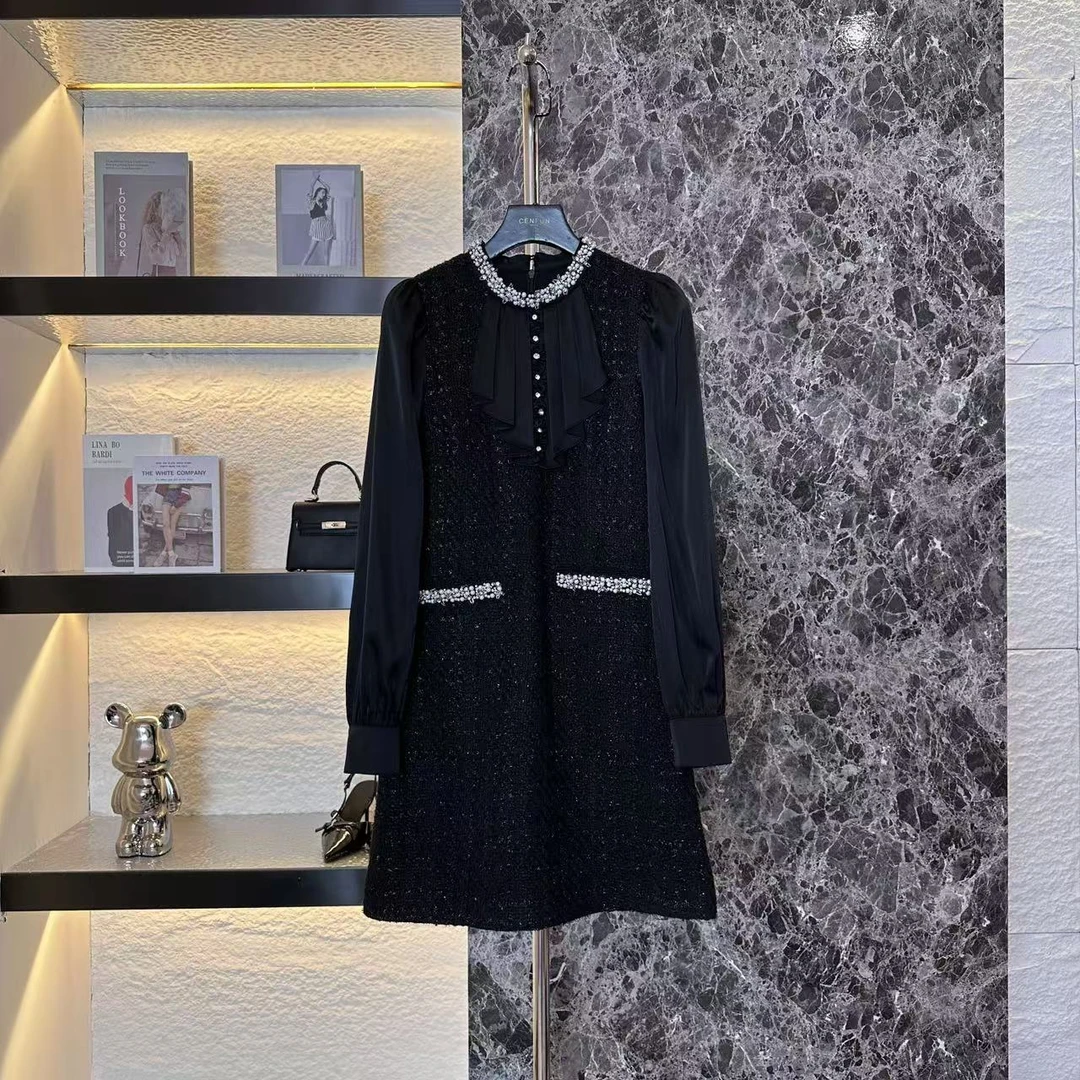 【CENFUN】*黑色名媛气质修身连衣裙收腰中长裙E031256