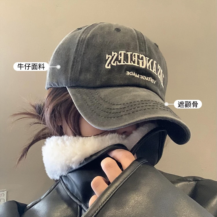 水洗牛仔棒球帽女2024新款美式大头围鸭舌帽宽帽檐显脸小灰色帽子