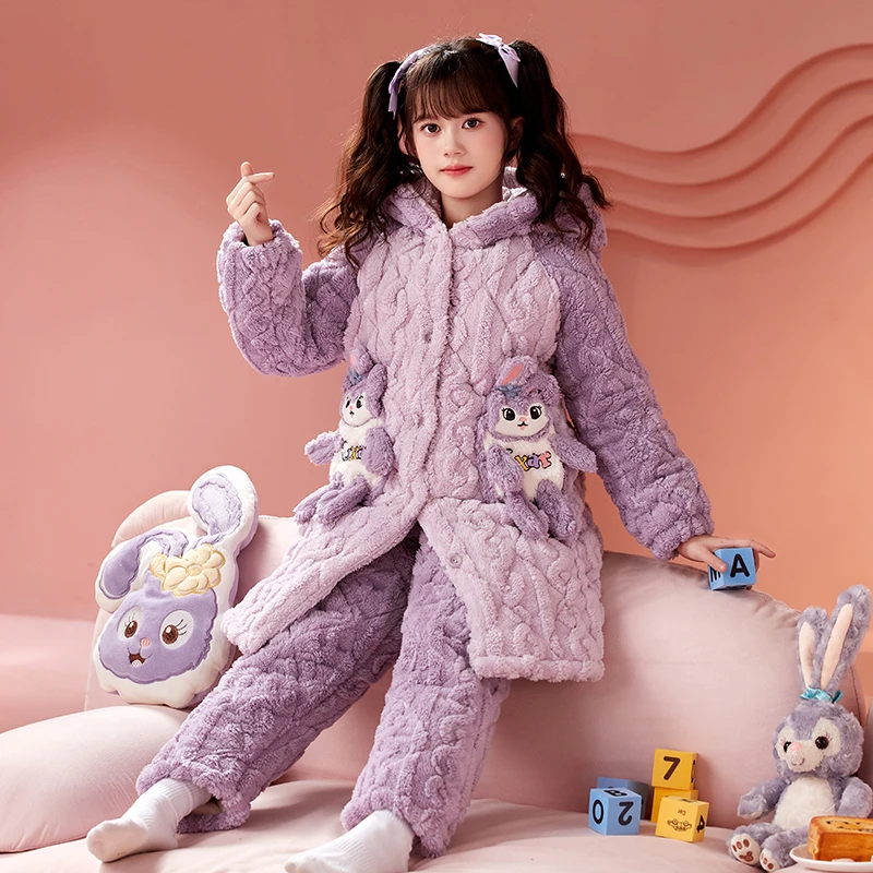 新款女童夹棉睡衣冬季款珊瑚绒三层夹棉加厚款儿童女孩加绒家居服