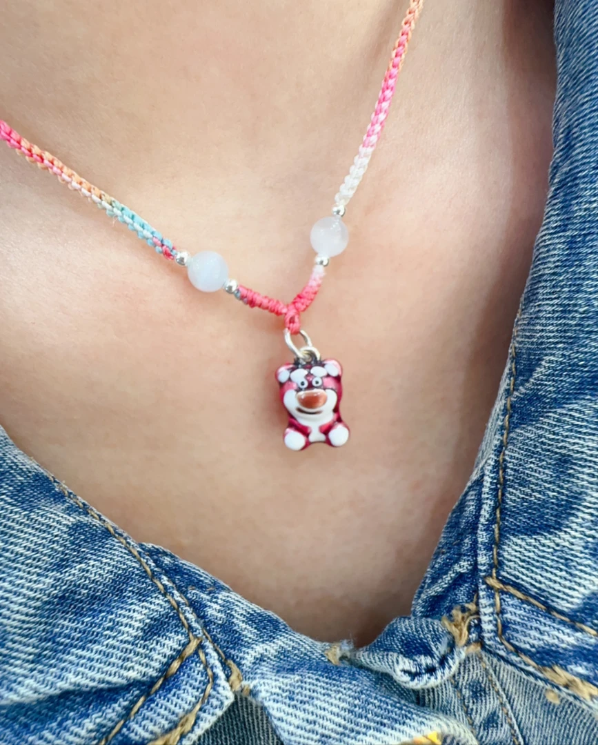 吊坠足银 草莓熊 项链吊坠手工可爱儿童珠宝学生可调节素款首饰