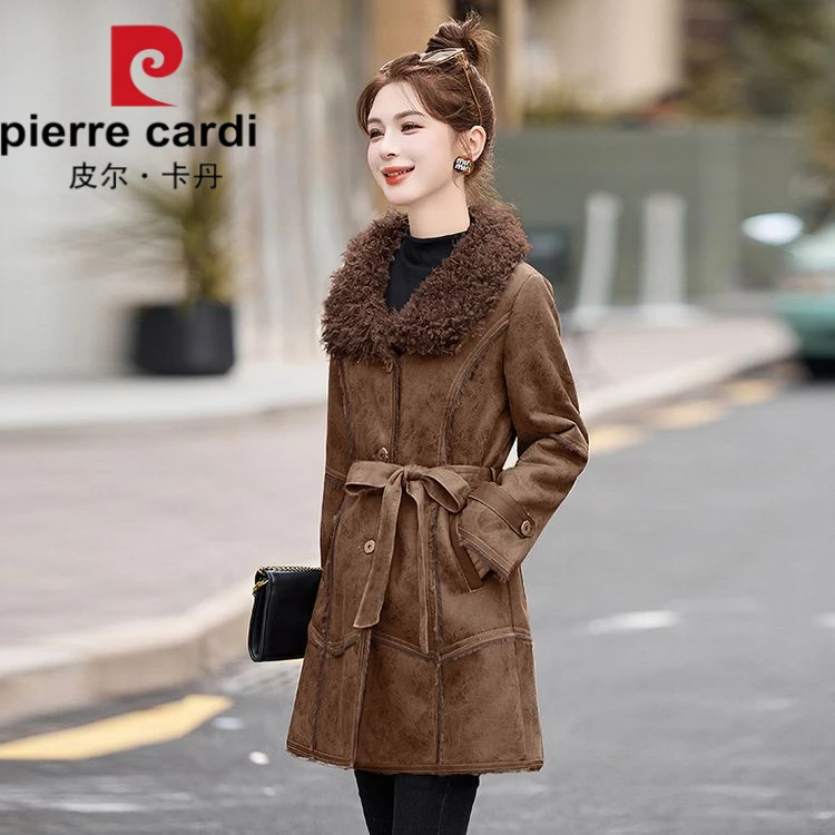 皮尔卡丹秋冬女装翻领皮毛一体外套翻毛保暖宽松型防风保暖外套女