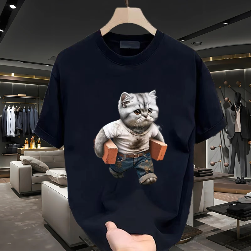 仓石一树个性百搭短袖T恤男夏季潮流时尚圆领宽松印花上衣搬砖猫