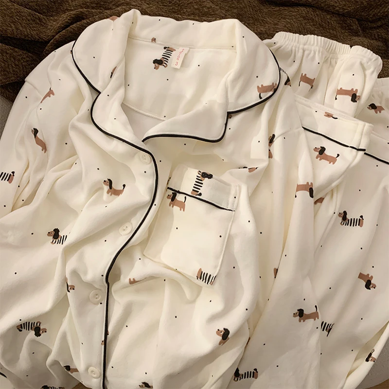 【点点小狗】日系ins德绒保暖睡衣女秋冬季卡通可爱家居服保暖套装