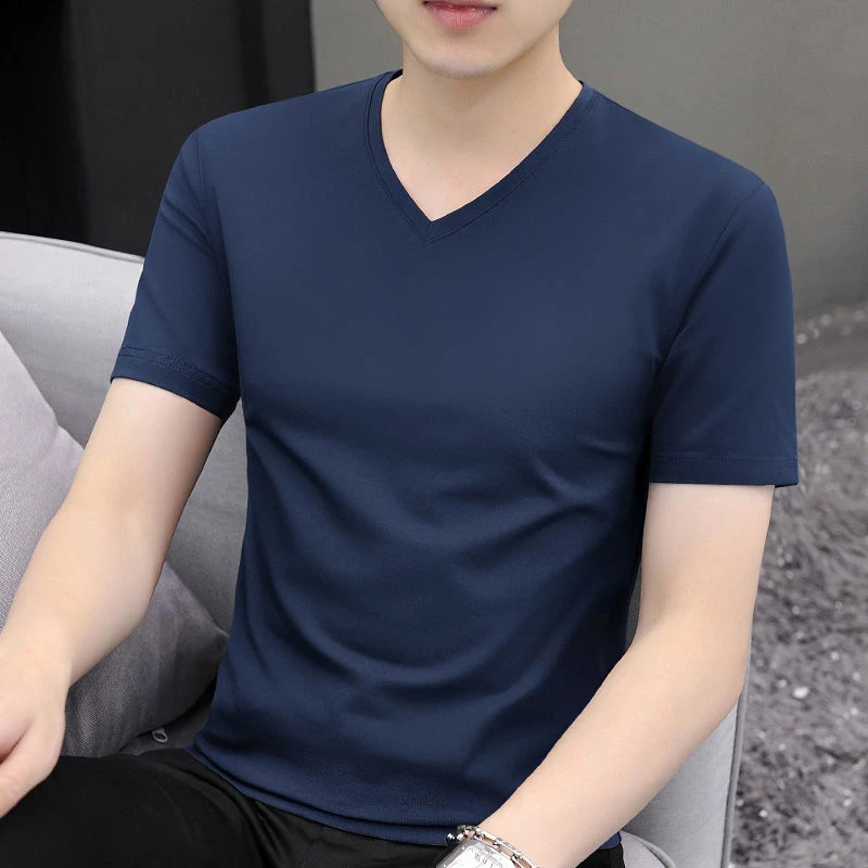 纯棉2025新款V领纯色男士短袖T恤男装棉夏季上衣服体恤小衫