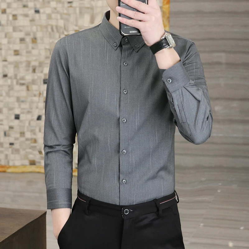 男士衬衫2023春季新款免烫衬衣男条纹青年休闲灰色寸衣