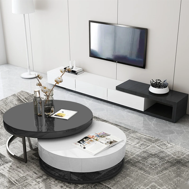 意式极简烤漆客厅大小圆钢化玻璃面茶几电视柜圆形家具家用白色