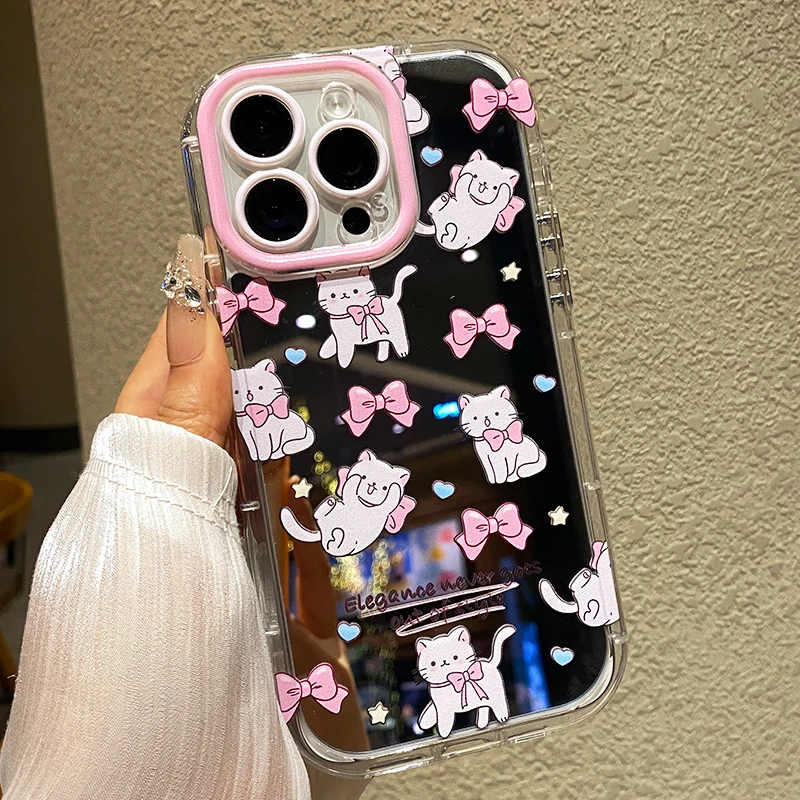 【苹果/华为/荣耀/OPPO/vivo/小米】镜面蝴蝶结小猫防摔手机壳创意