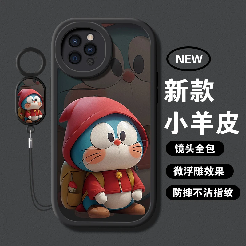 【苹果/华为/荣耀/OPPO/vivo/小米】红帽哆啦黑底小羊皮防摔手机壳