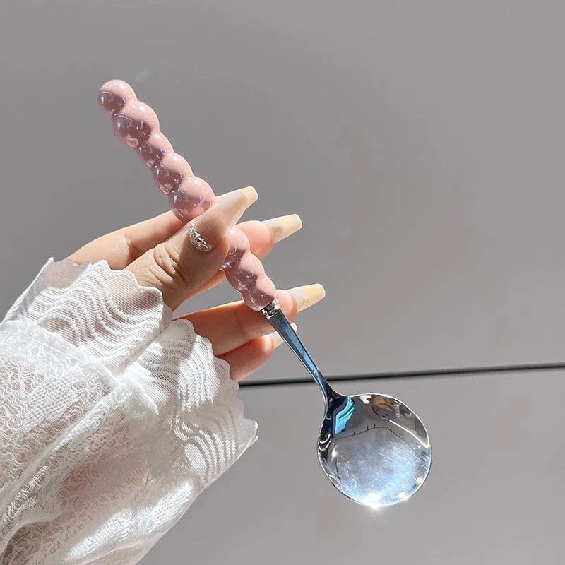 【含泪出】四色珍珠不锈钢勺子防陶瓷手柄少女心家用小汤勺长柄圆勺
