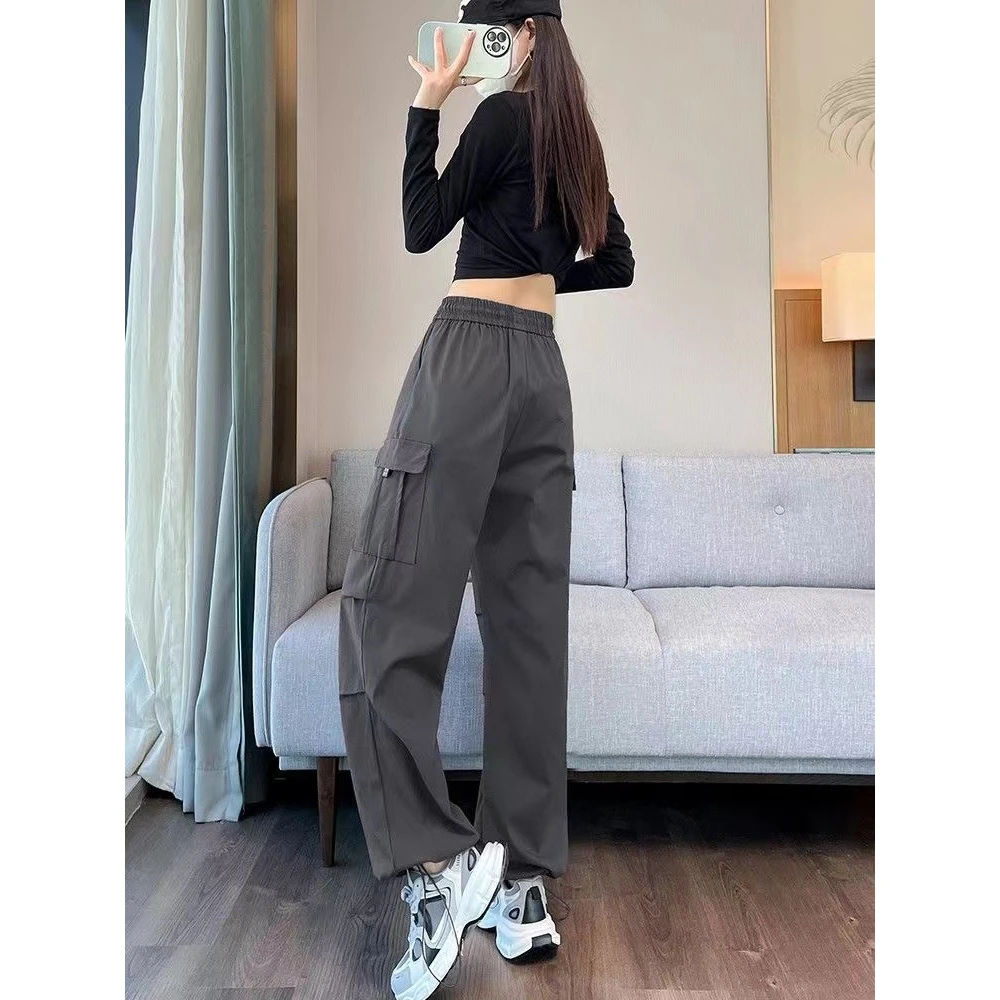 直筒美拉德休闲高腰阔腿工装裤女春秋季新款束脚抽绳宽松百搭长裤