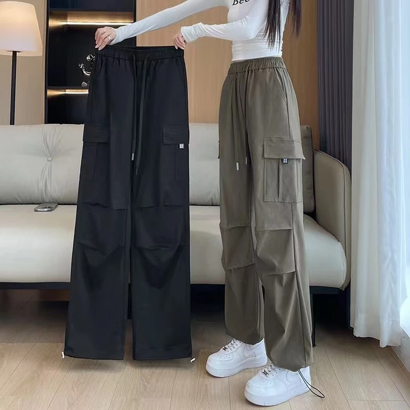 春秋季薄款显瘦高腰拖地长裤女休闲百搭松紧腰嘻哈宽松工装阔腿裤