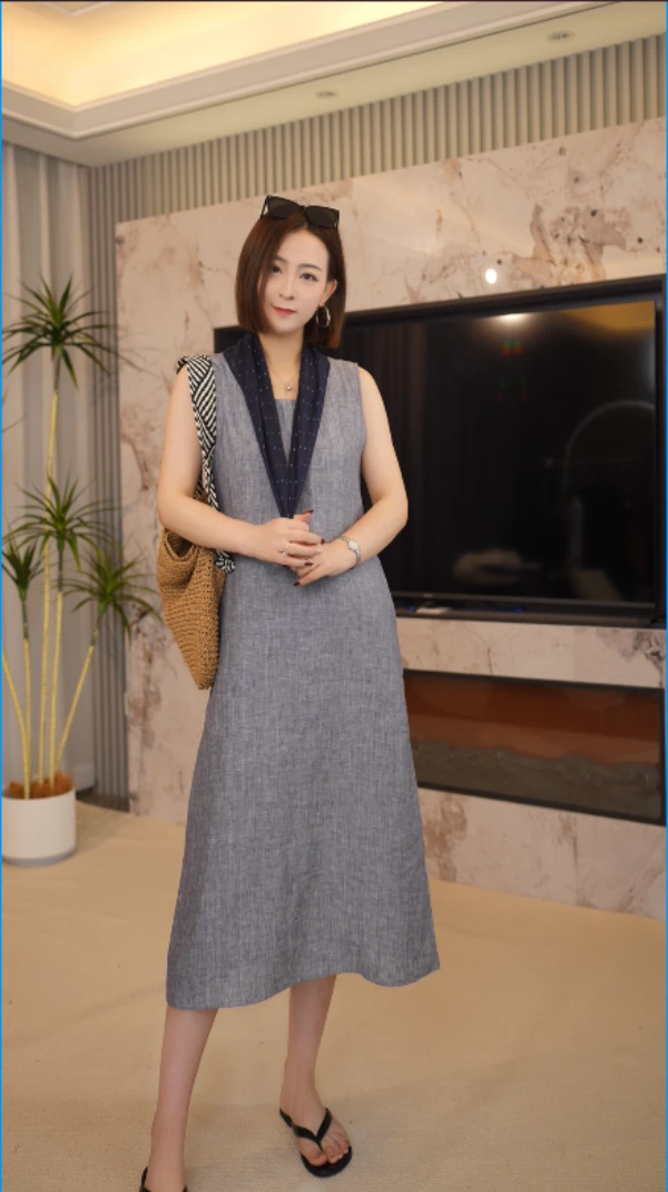 JIA YI | 【莫奈灰调】100亚麻通勤无袖连衣裙-8028