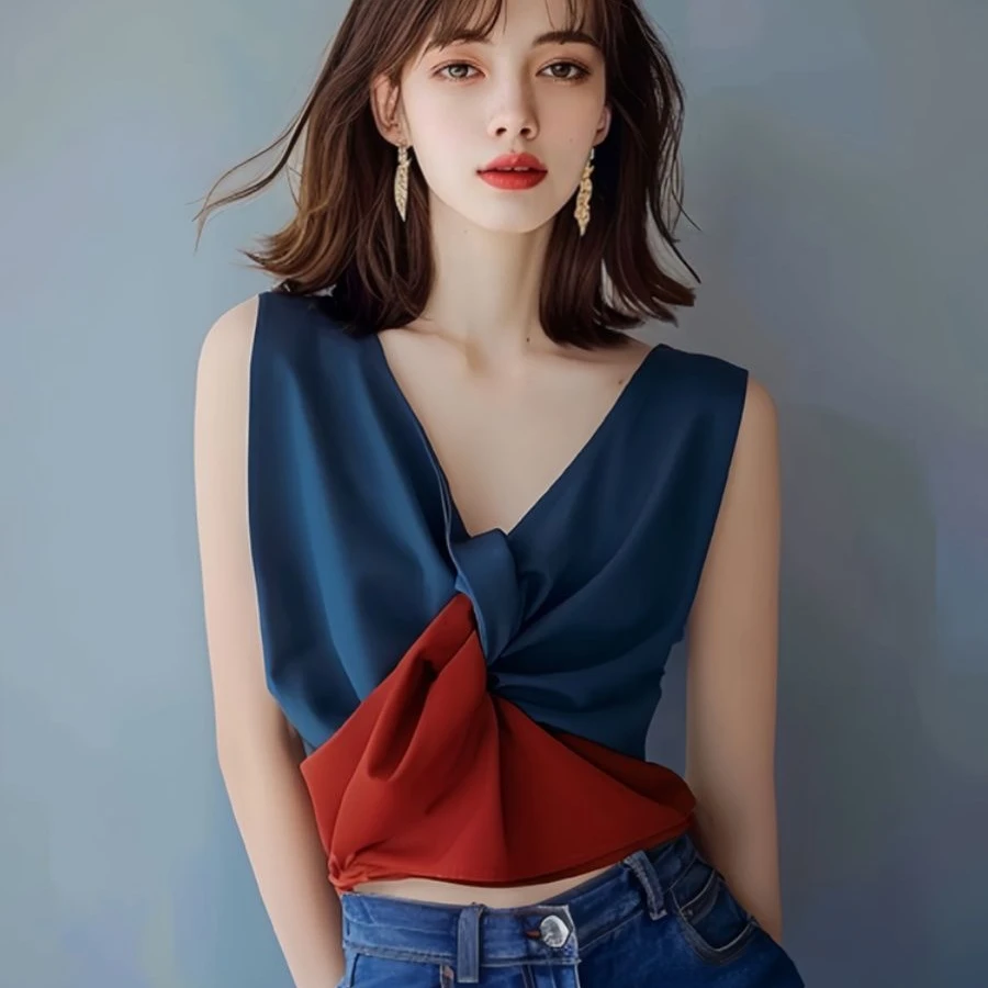 法式红蓝v领缎面无袖吊带衬衫女夏冷淡系高级感轻奢时尚小众上衣