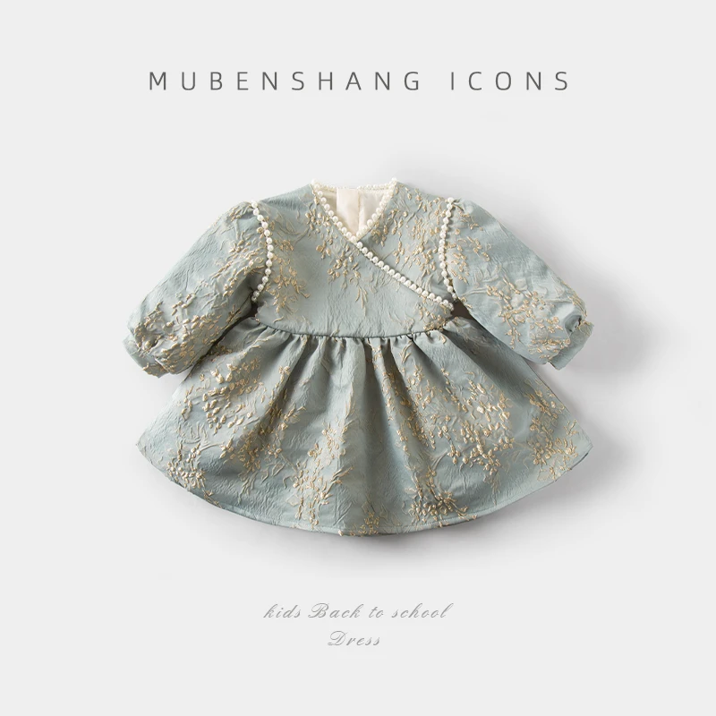 木本尚2023秋季女童印花刺绣可爱公主裙气质宝宝百搭长袖连衣裙