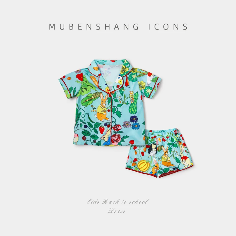 木本尚女童夏季短袖短裤儿童2023新款宝宝薄款卡通家居服套装睡衣