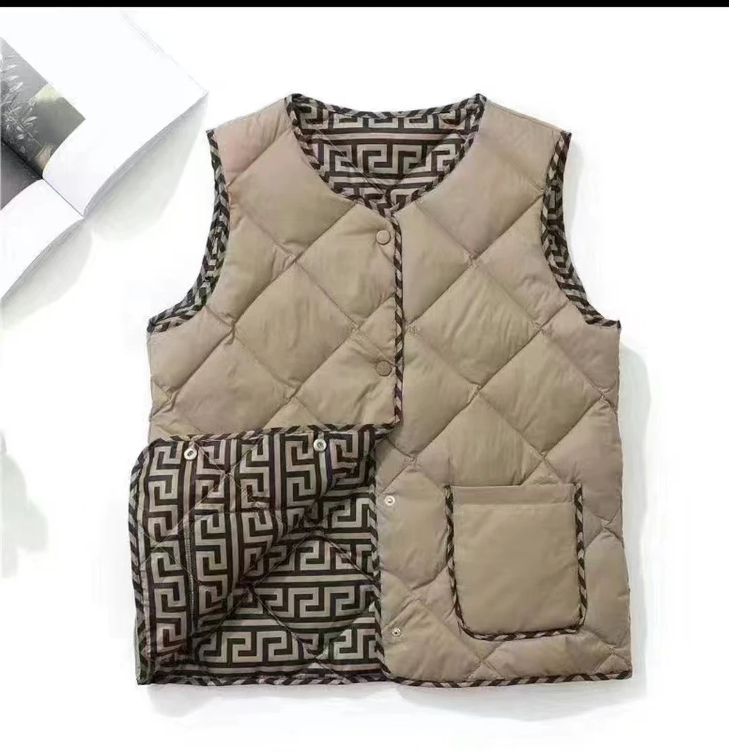 秋冬新款无领女士韩版冬款马甲时尚保暖加厚马夹菱形拼接休闲咖色