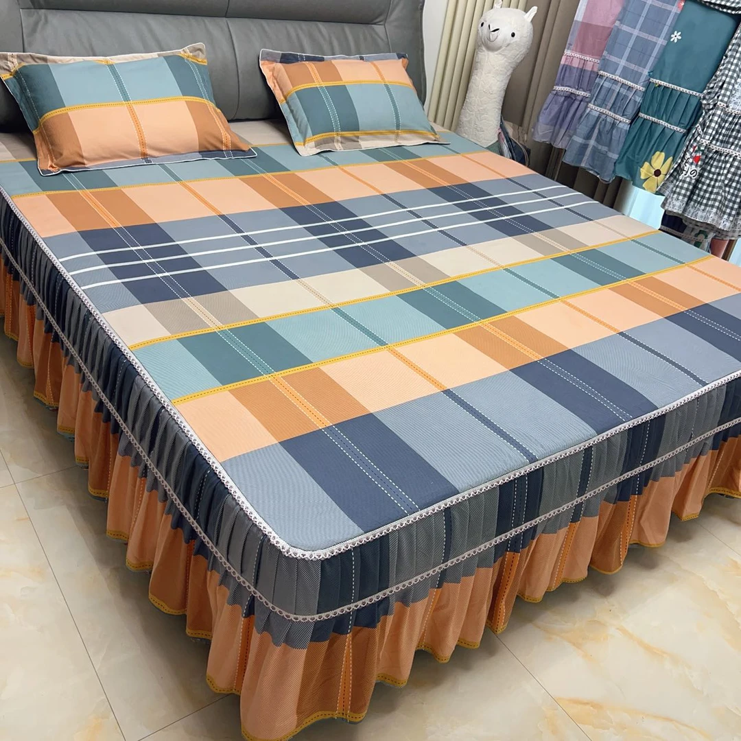 （橙意满满格子）高端精品床罩三件套.长度通用（裙摆图案裁剪随机）