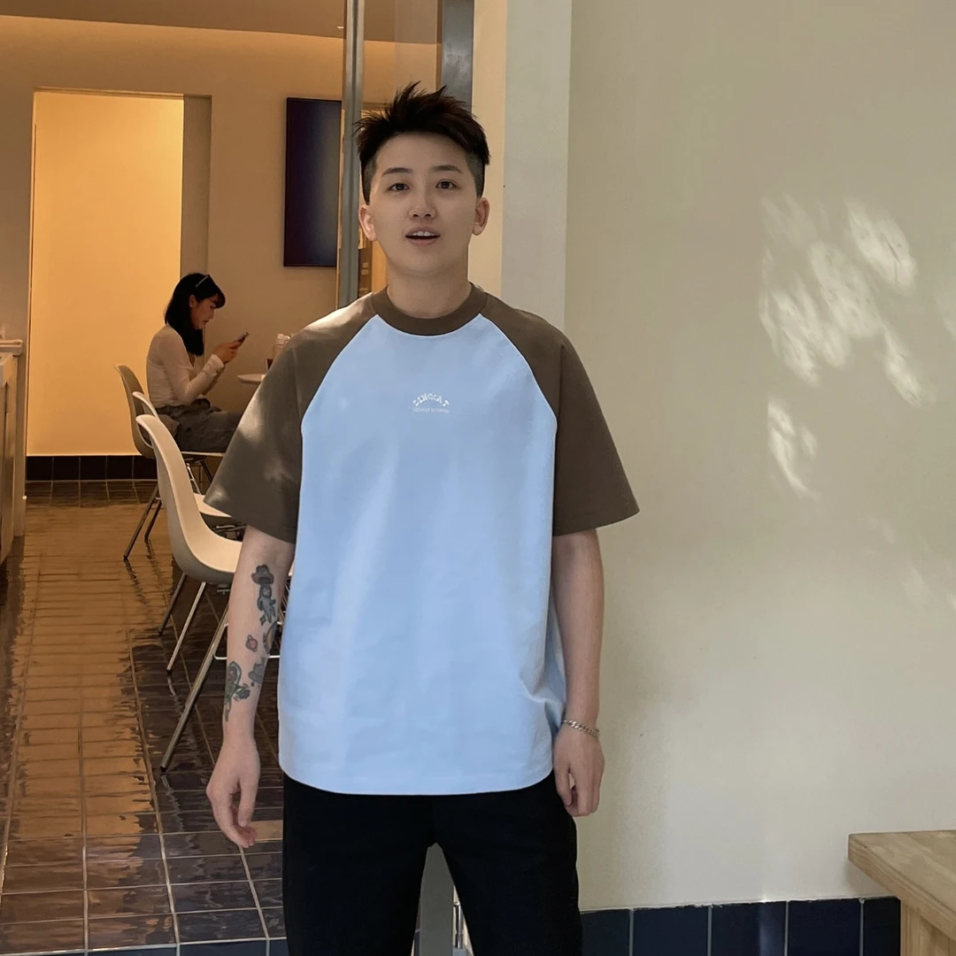 DINOCAT 原创设计小领口重磅撞色设计男女同款宽松插肩短袖T恤