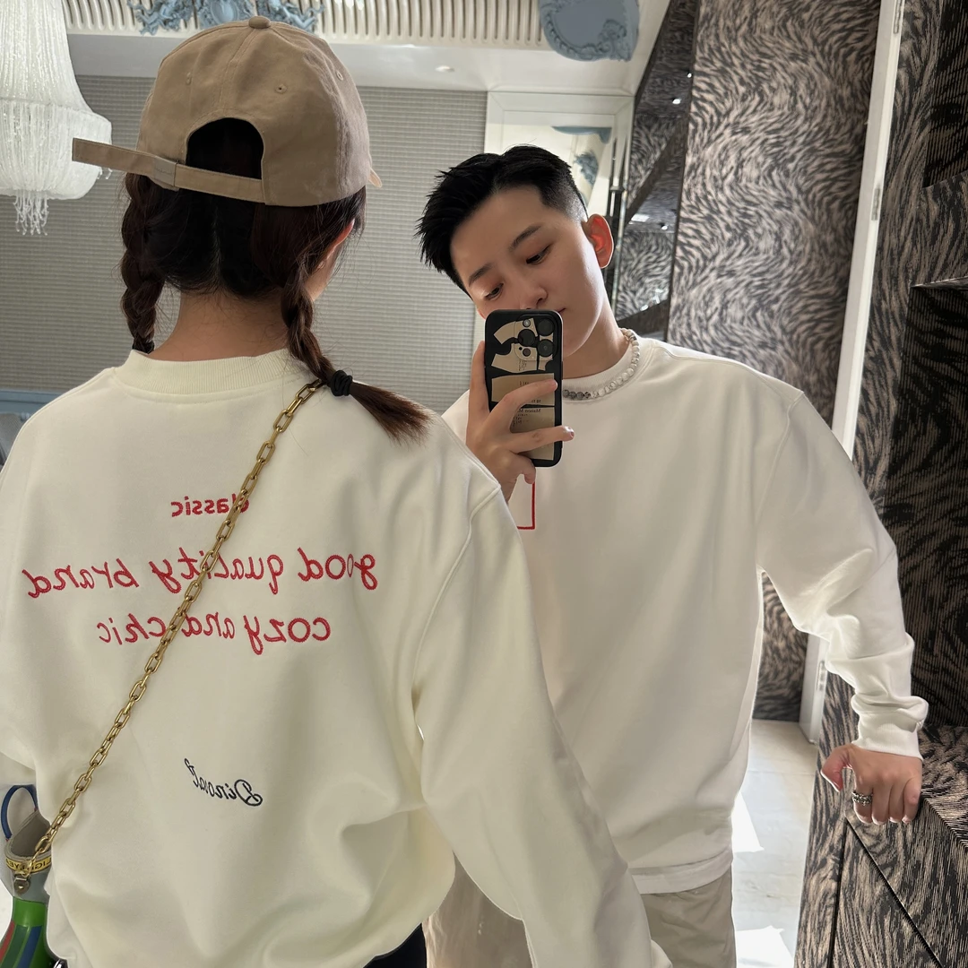 DINOCAT【红色方块】美式小领口刺绣白色宽松毛圈男女同款卫衣