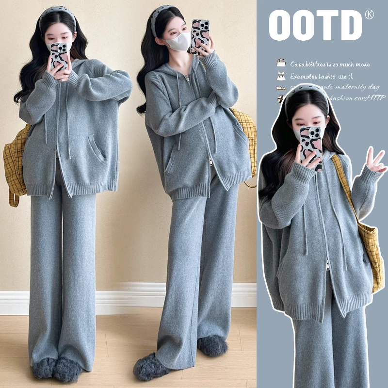 孕妇装秋冬套装显瘦孕妈妈时尚款新款宽松潮妈大码针织孕妇两件套