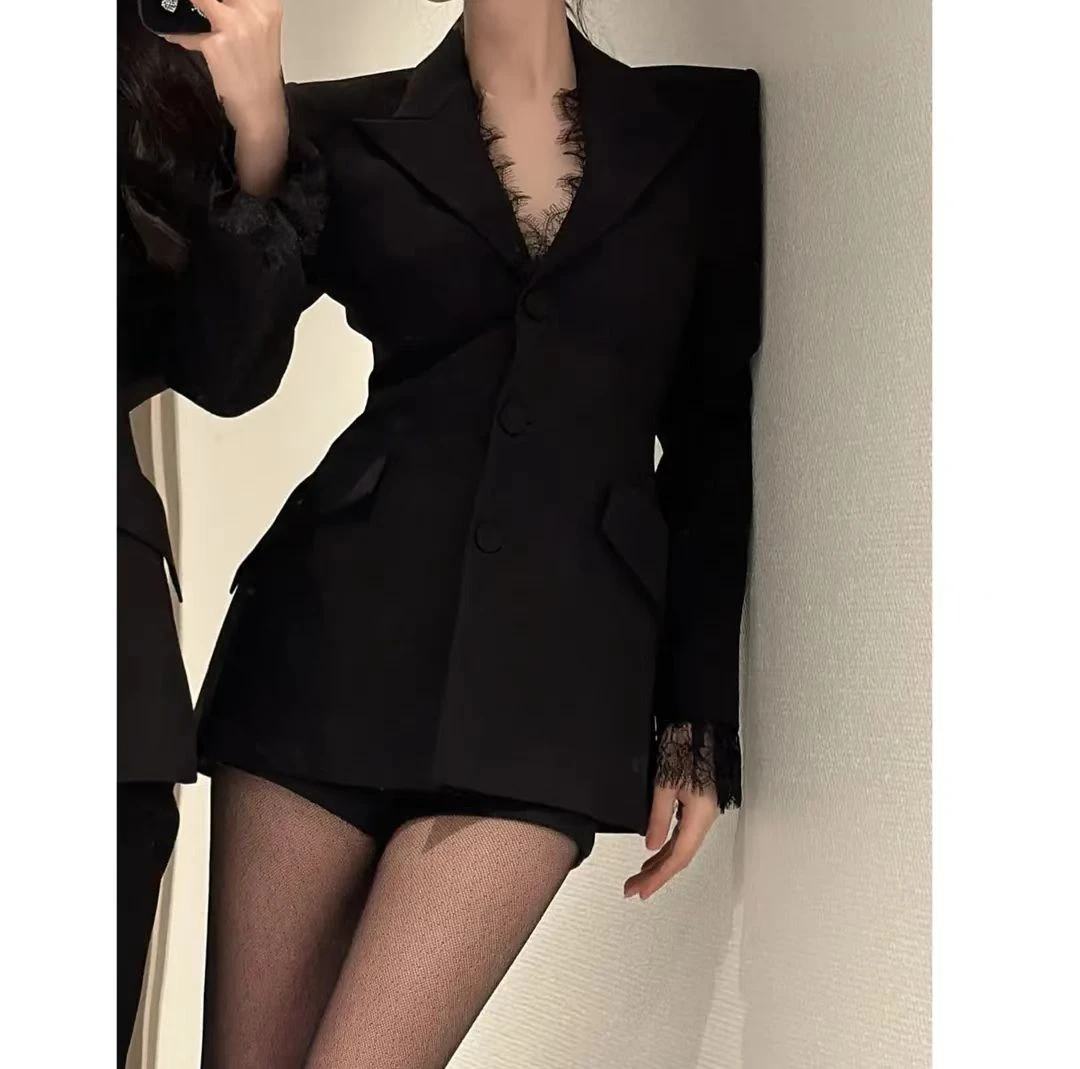 蕾丝领修身洋气休闲装西装外套长裤套装性感9003