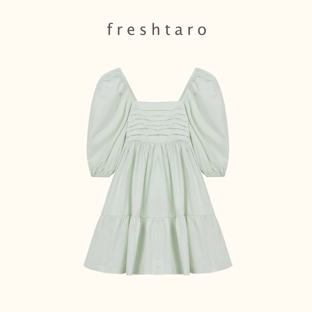 freshtaro奶绿 方领法式泡泡袖短款连衣裙2023女夏新款显瘦裙子