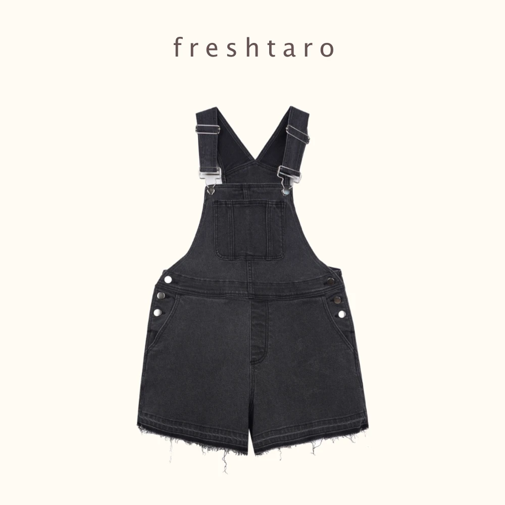 freshtaro衬衫+背带裤 水洗黑灰色牛仔短裤套装女夏装时尚两件套