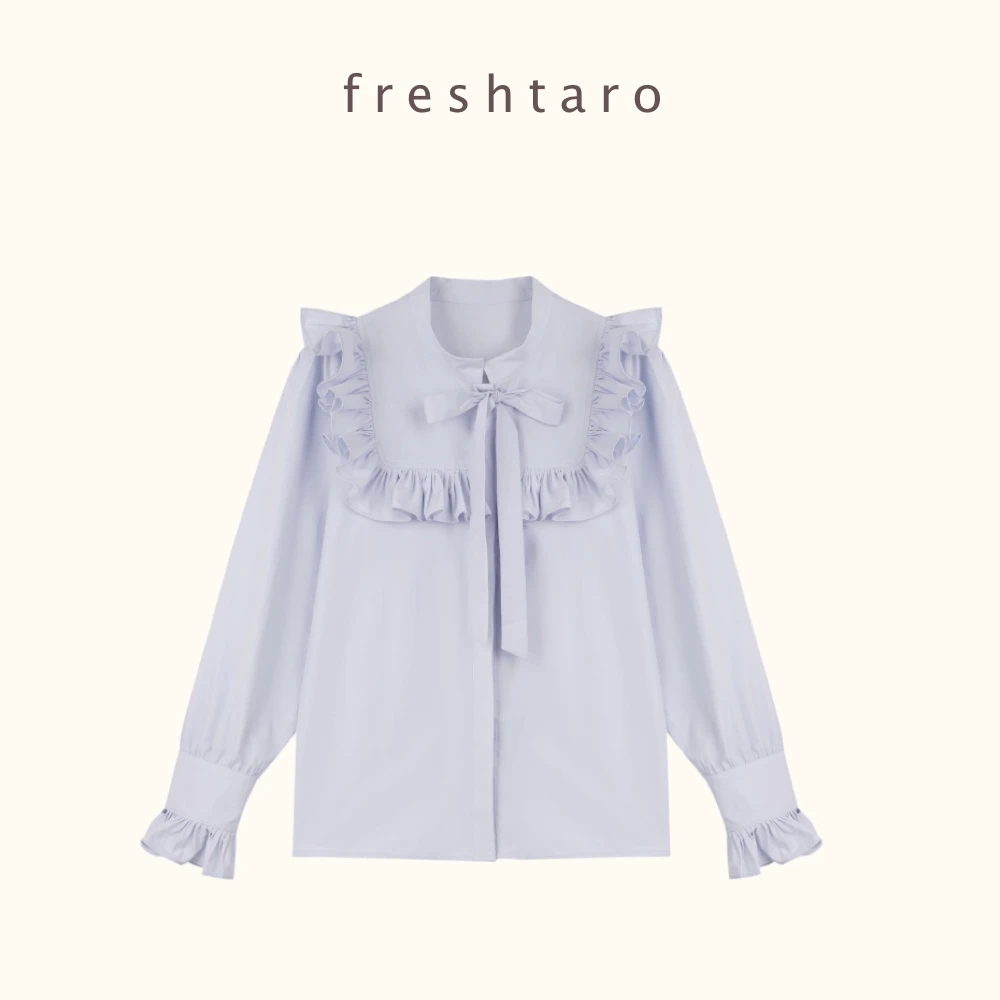 freshtaro1012新品 奶霜蓝紫 木耳边设计小立领氛围感衬衫