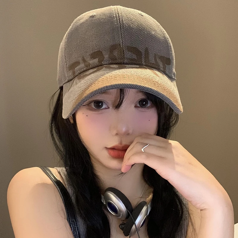 复古美式水洗做旧字母棒球大头围女夏季显脸小磨破软顶百搭鸭舌帽