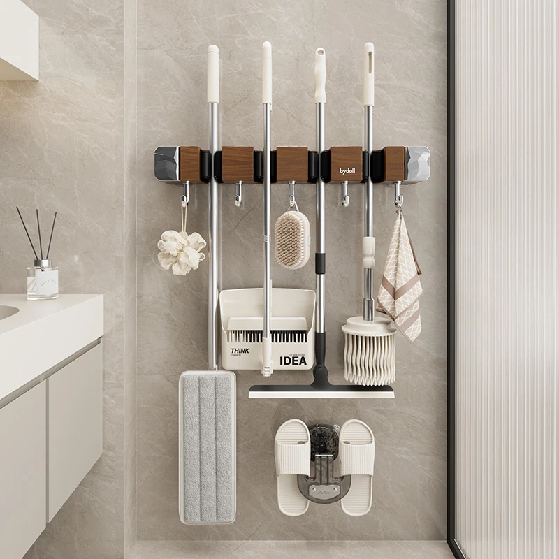 【半岛良品】木纹拖把夹免打孔联排吸盘壁挂夹强吸力家用浴室卫生间