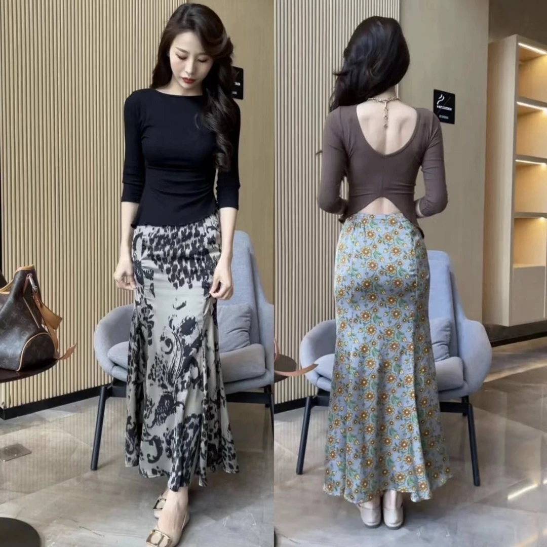 【梦婷家】向日葵印花顯瘦鱼尾半身裙-0194