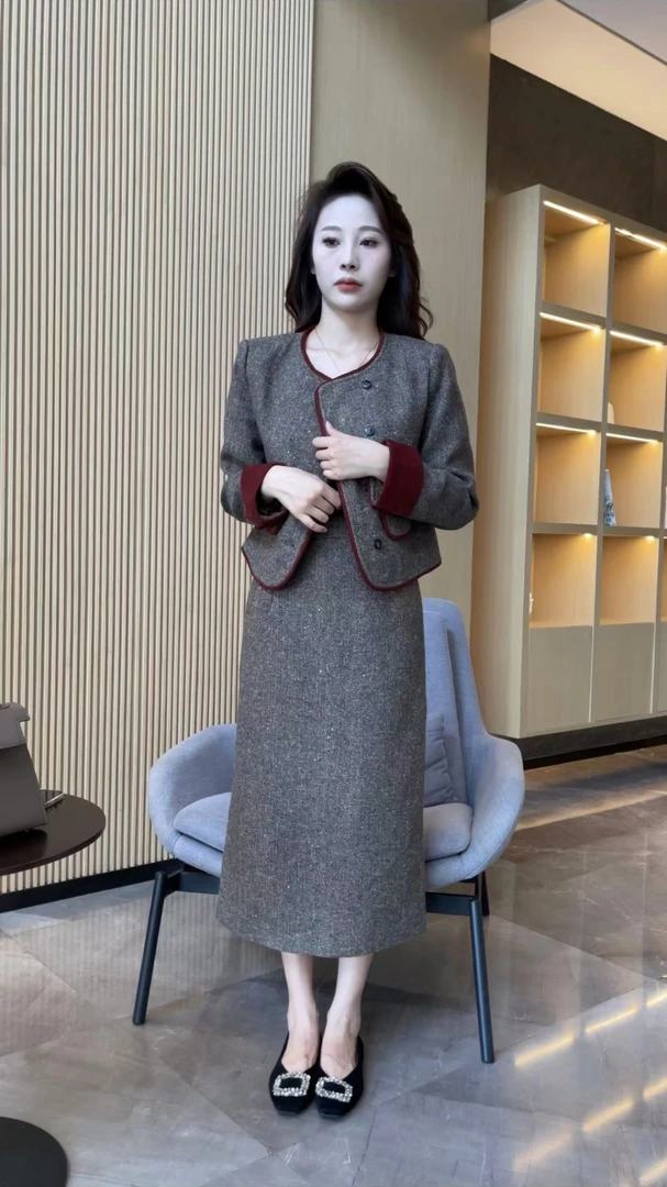 【梦婷家】高定小香风套装裙女欧货新款撞色名媛毛呢套装-24718
