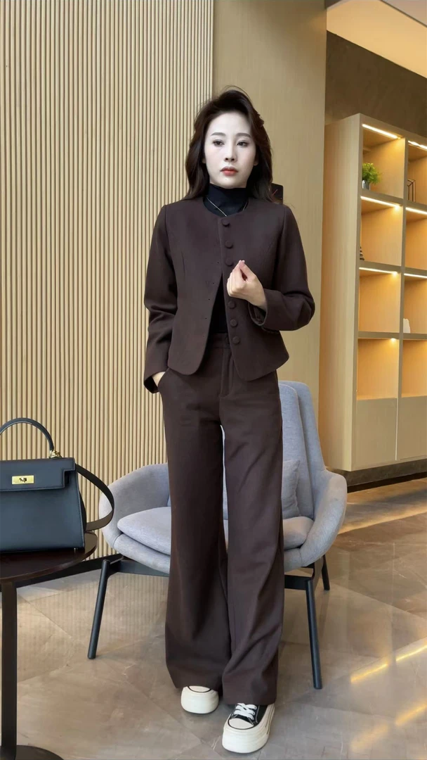 【梦婷家】新款时尚简约气质单排扣圆领外套阔腿裤套装-24916