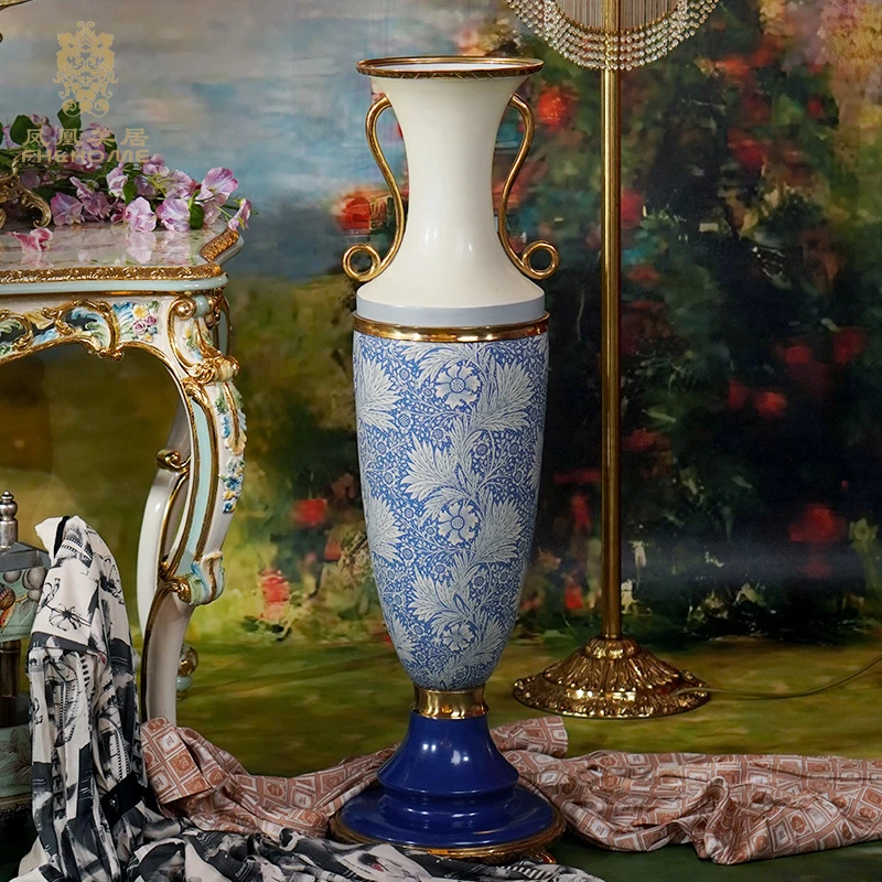 FH&HOME/凤凰美居奢华法式描金高档落地蓝色瘦高型花器花瓶摆件