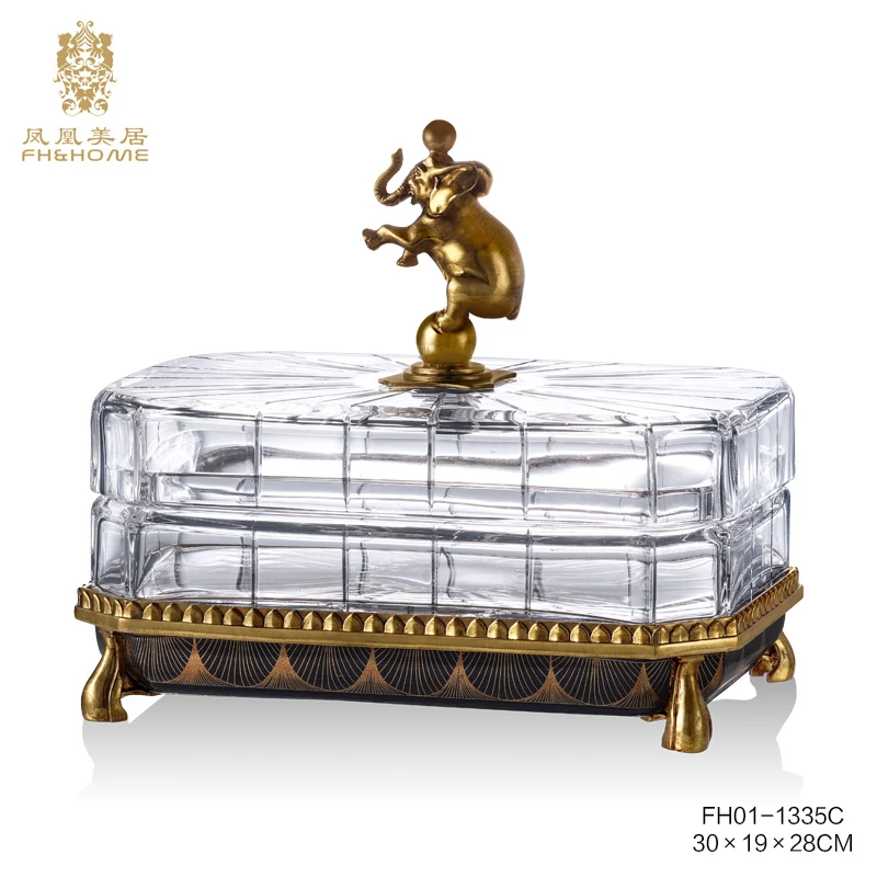 FH&HOME/凤凰美居欧式水晶透明玻璃手工大象方形糖果盒铜把装饰盒