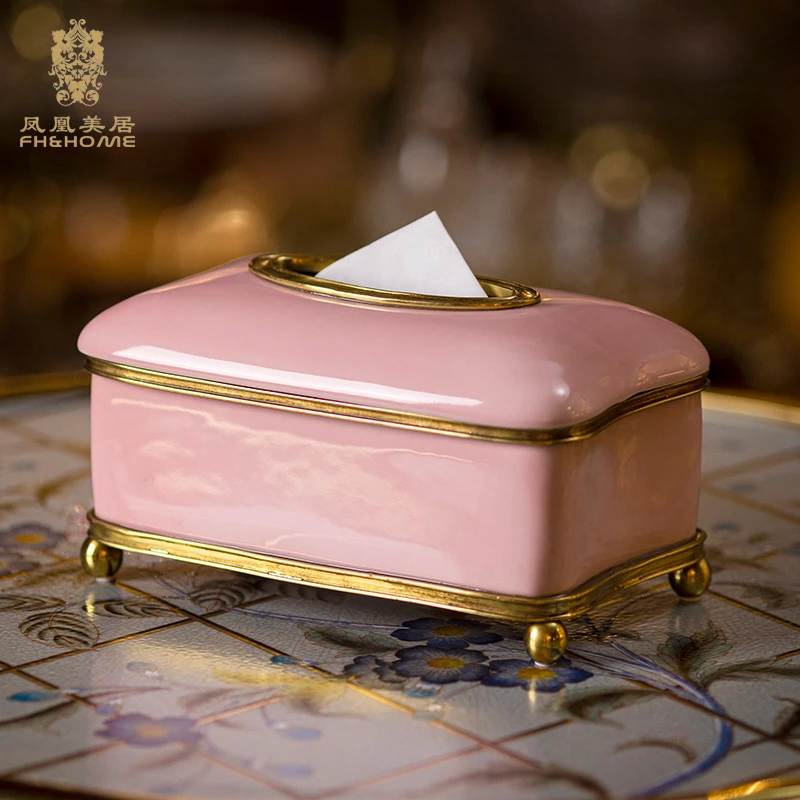 FH&HOME/凤凰美居欧式家用客厅粉色纸巾盒铜边装饰茶几玄关纸巾盒