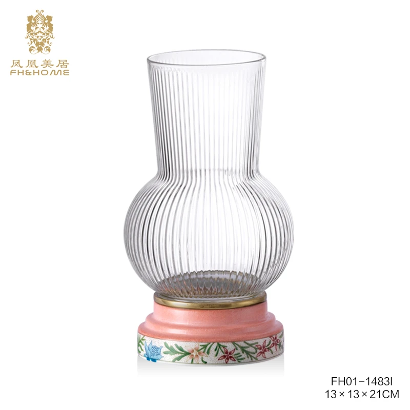 FH&HOME/凤凰美居欧式高档竖纹水晶玻璃粉色花瓶条纹装饰瓶摆件